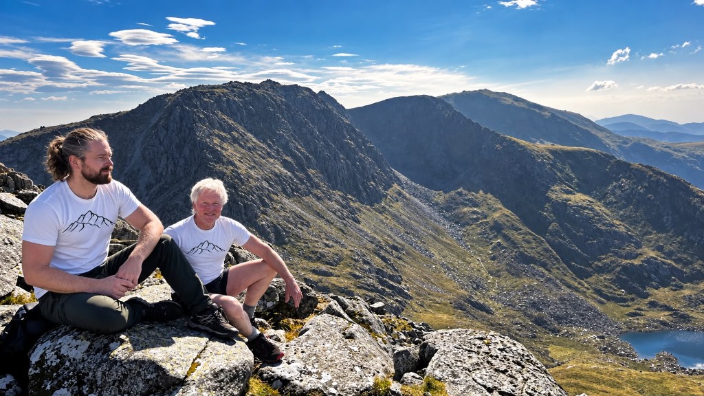 Rupert Thompson and his father in Amor Montis T-shirts on a mountain ridge